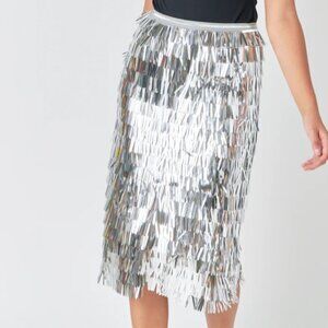 ENDLESS ROSE SILVER METALLIC FRINGE MIDI SKIRT  NWT SZ Medium